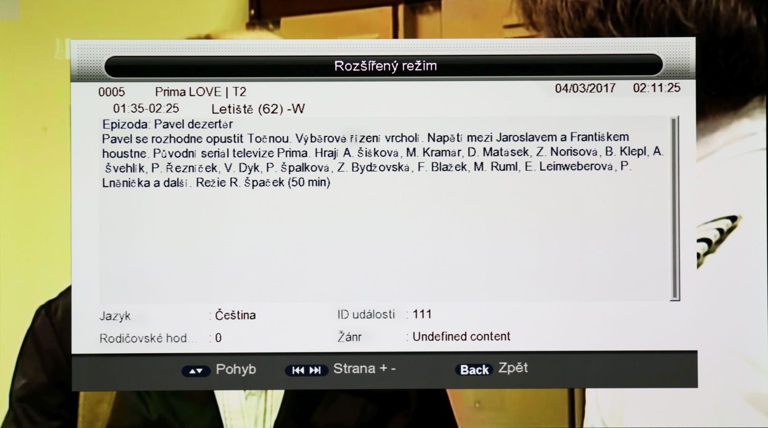 V EPG i při běžném sledování lze vyvolat podrobnější informace o programu.