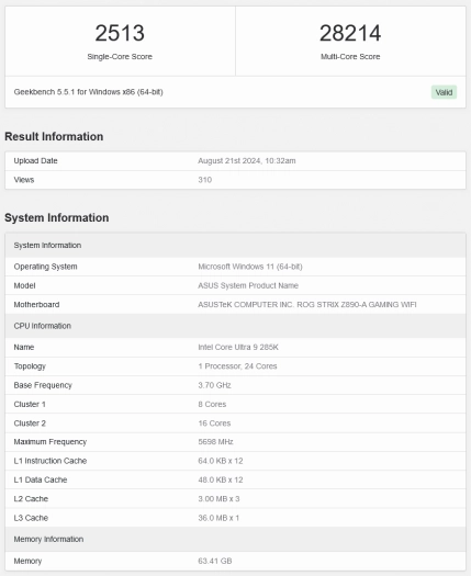 Intel Core Ultra 9 285K v testu Geekbench 5