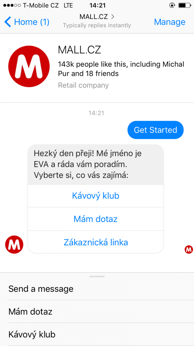 Mall.cz a jeho chatbot EVA pro Facebook Messenger