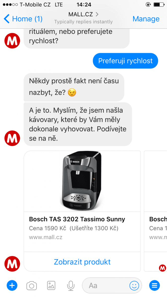 Mall.cz a jeho chatbot EVA pro Facebook Messenger