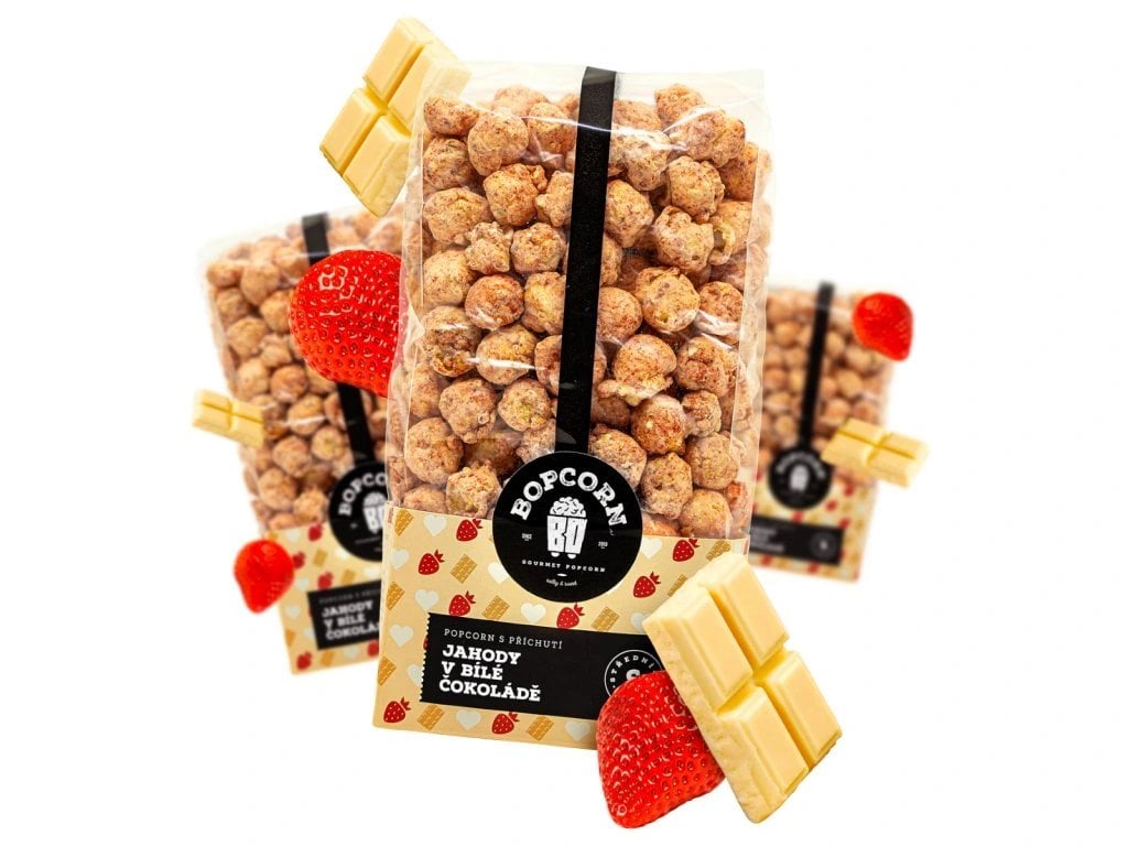 Jahody v bílé čokoládě - popcorn