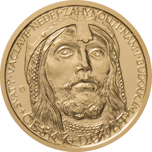 Rub a líc zlatého dukátu centrální banky s motivem sv. Václava