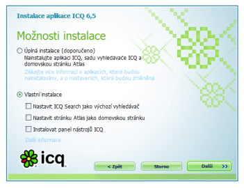 Při instalaci je možné vybrat, co se má a co nemá instalovat.