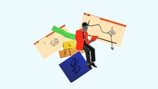 Současná umělecká koláž. Slevy. Mladý muž oblékl pulzující formální oděv, analyzoval data s nákupy a procentuálními znaky. Koncepce technologického pokroku, e-commerce, nakupování, vzdálené. Reklama