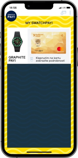 Mobilní aplikace My SwatchPay! pro hodinky Swatch s platební kartou Raiffeisenbank. (2. 10. 2024)