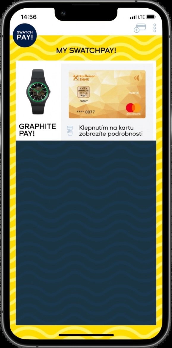 Mobilní aplikace My SwatchPay! pro hodinky Swatch s platební kartou Raiffeisenbank. (2. 10. 2024)