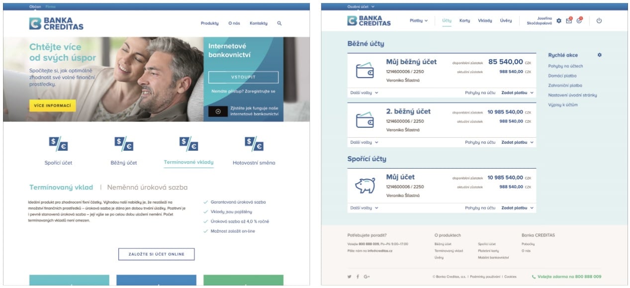 Ukázka podoby nového webu a internetového bankovnictví (čísla a údaje jsou informativní)