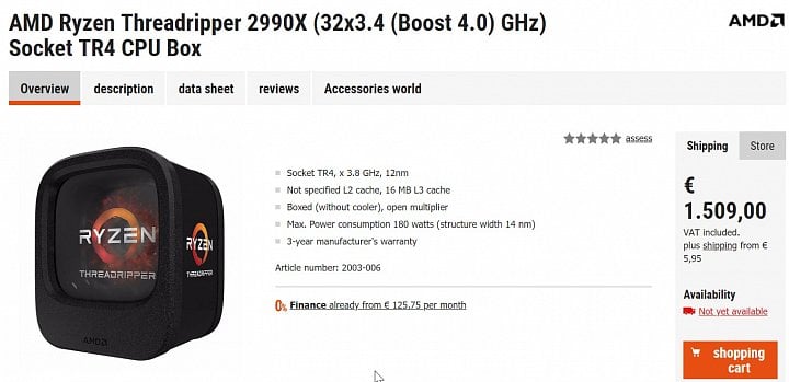 Údajný Ryzen Threadripper 2990X se už objevil v německém obchodě Cyberport.de (Zdroj: VideoCardz)