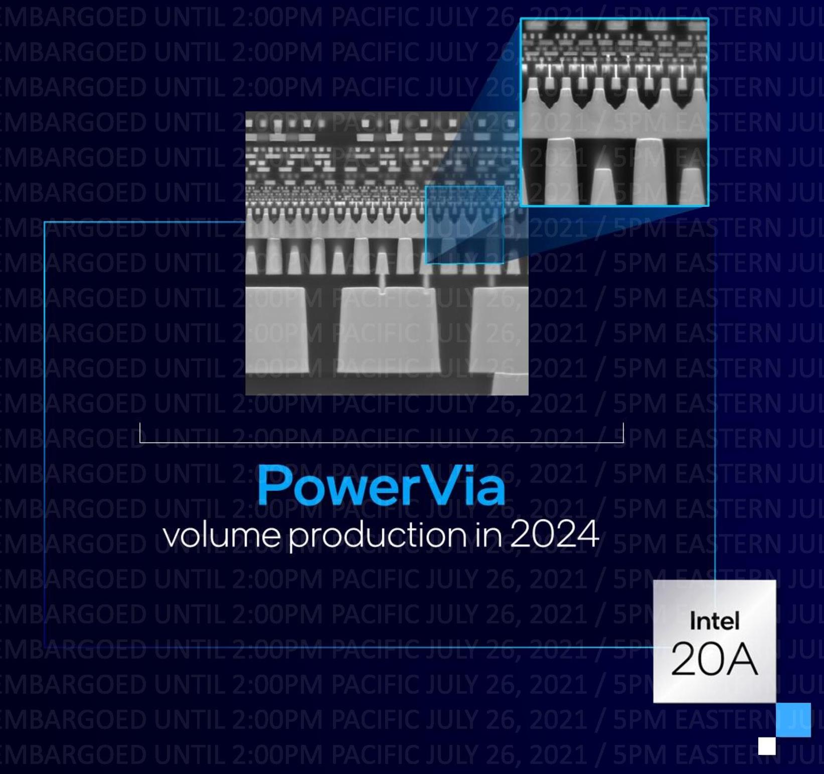 Řez čipem používajícím backside power delivery, který ukazuje kovové vrstvy na čipu. Snímek z elektronového mikroskopu