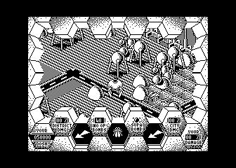 Obrázek 6: Hra Amaroute běžící v monochromatickém režimu s nejvyšším rozlišením 320x192 pixelů. Povšimněte si korektního skrývání vzdálených objektů; pravděpodobně se používá optimalizovaná podoba malířova algoritmu.