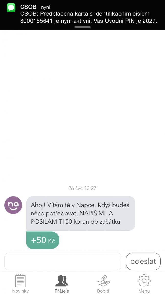 PIN k platební kartě vám přijde obratem v SMS. Poté si jej změňte v bankomatu ČSOB.