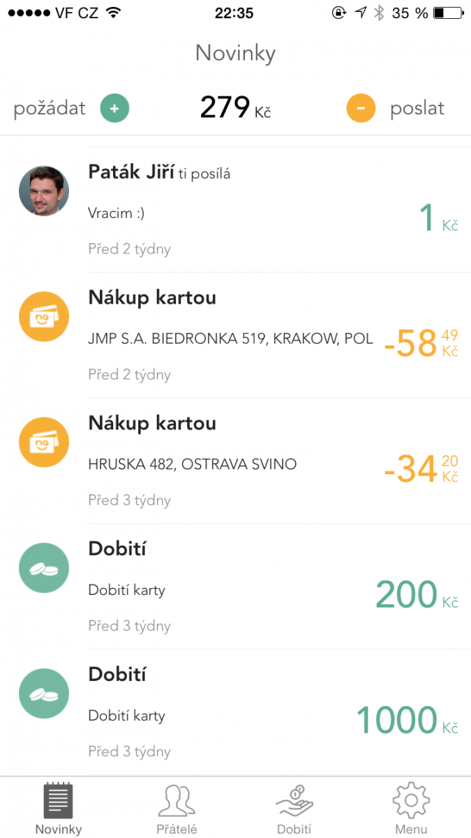 Hlavní stránka se souhrnnými informacemi o transakční historii.