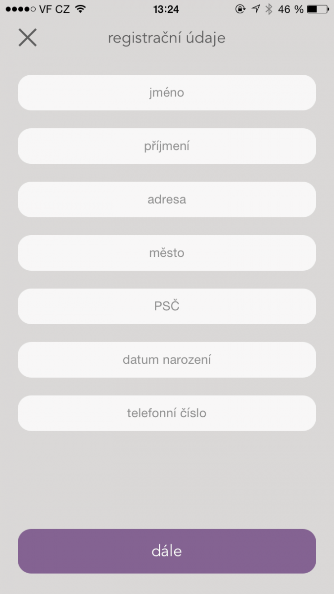 Registrační údaje vyžadované aplikací Napka.