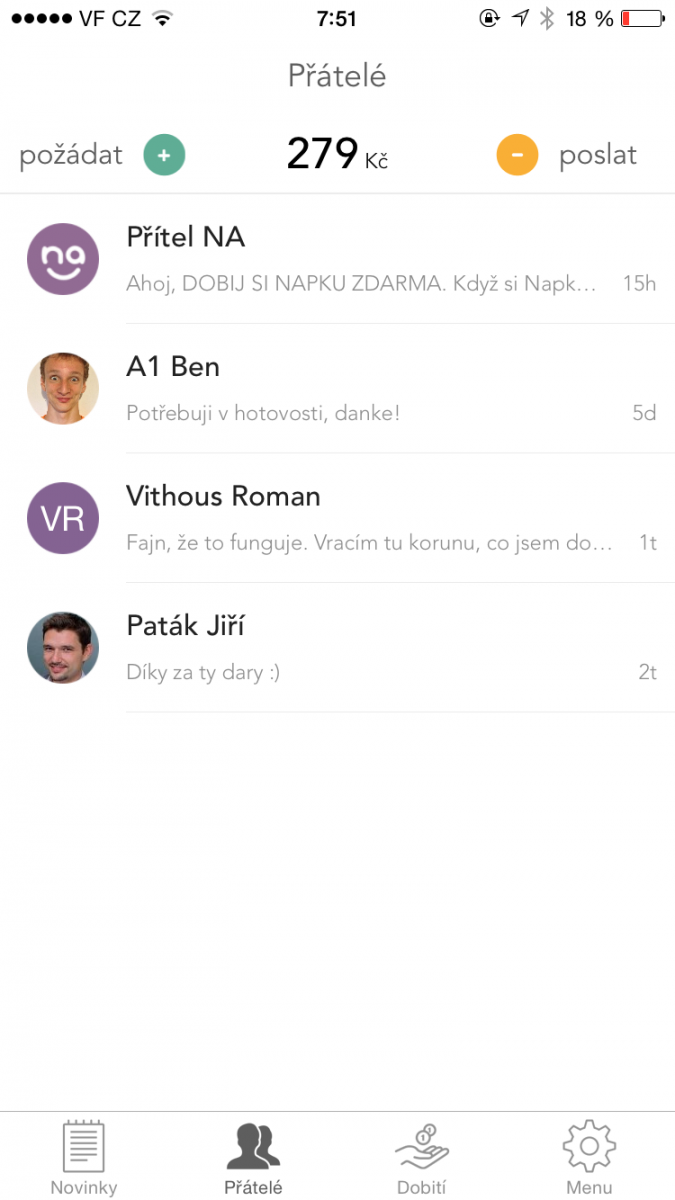 Testování posílání peněz mezi uživateli Napky.