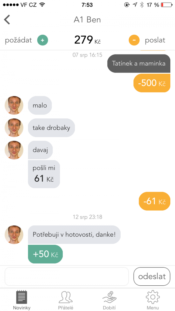 Testování posílání peněz mezi uživateli Napky.