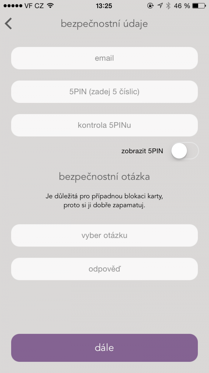Registrační údaje vyžadované aplikací Napka.
