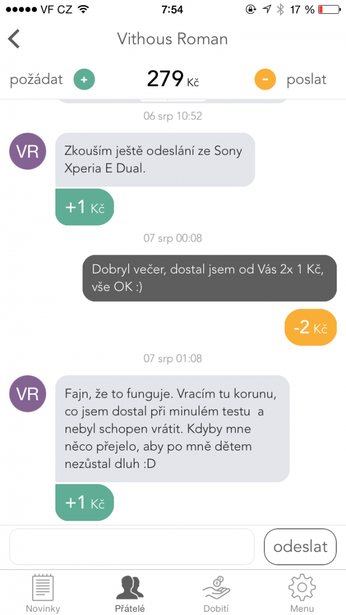 Testování posílání peněz mezi uživateli Napky.