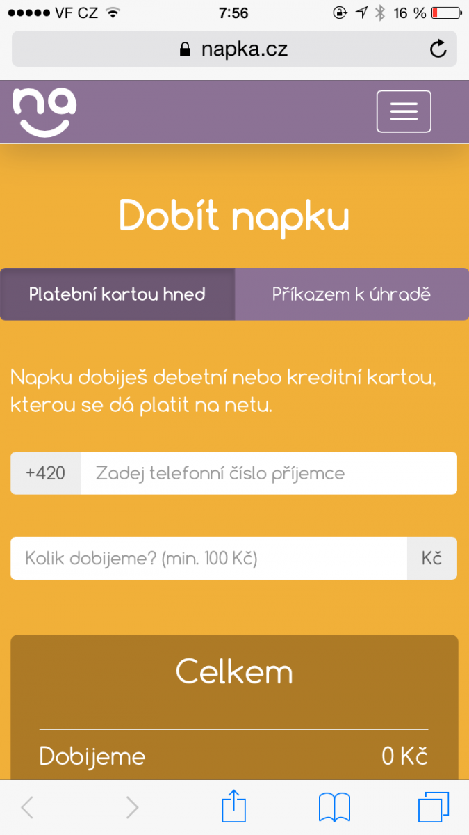 Dobít Napku lze i přímo z prostředí aplikace.