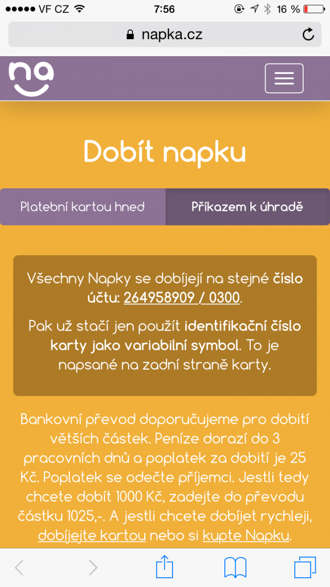 Dobít Napku lze i přímo z prostředí aplikace.