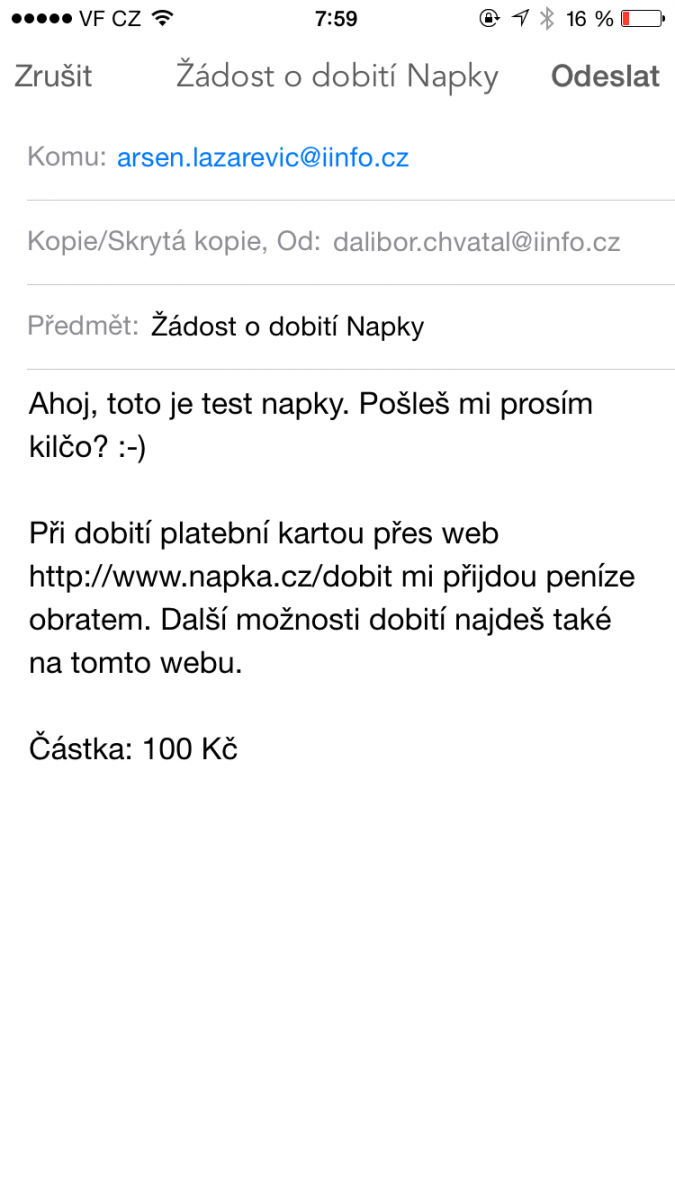 O dobití Napky můžete kohokoli požádat přes e-mail.