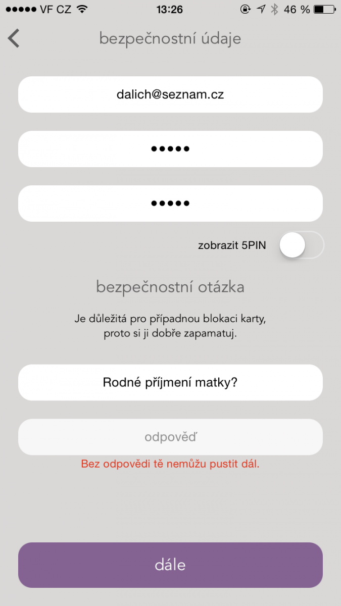 Registrační údaje vyžadované aplikací Napka.