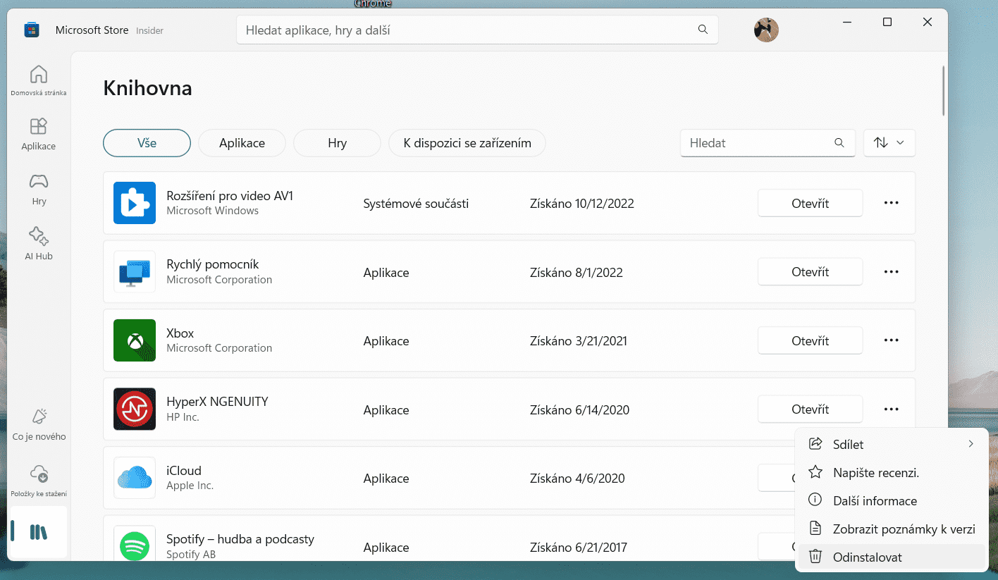 Screenshot odinstalace