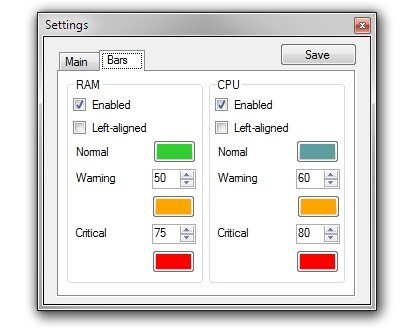 RAM CPU Taskbar je konfigurovatelný nástroj, který zobrazuje informace o vytížení HW na Hlavním panelu