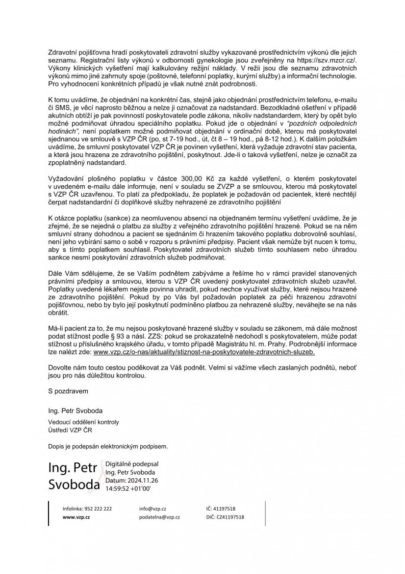 Odpověď VZP ženě, která je upozornila na vybírání poplatků v GP Medical.