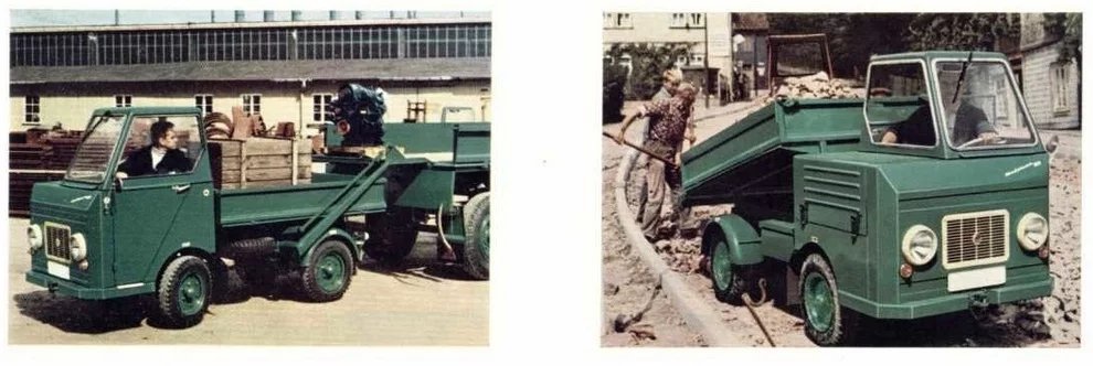 Typický barevný odstín, v němž se mnohé M22 narodily i dosloužily. Vlevo model se zdvíhacím zadním čelem v činnosti