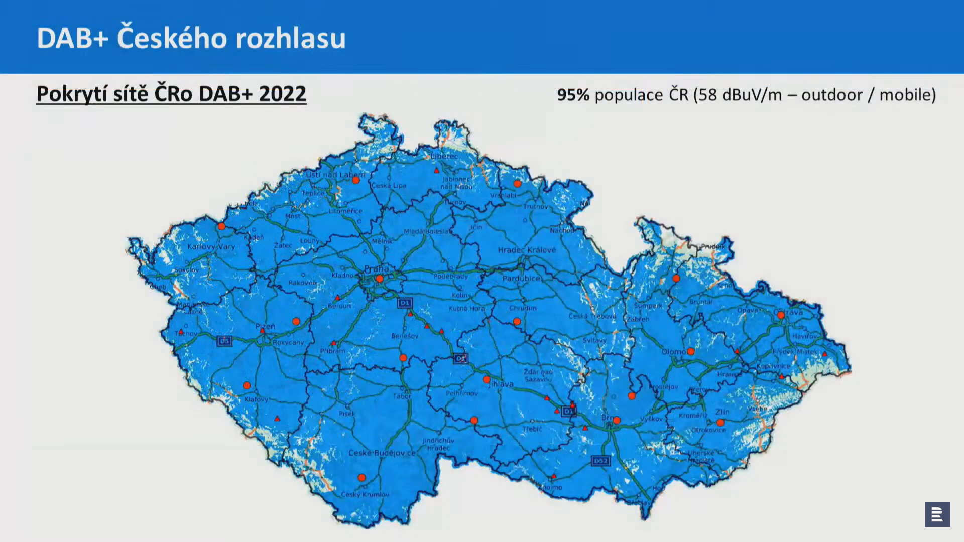 DAB+ Českého rozhlasu pokrývá 95 procent obyvatel (stav v roce 2022)