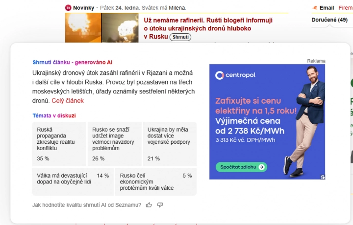 Ukázka AI souhrnu článku na hlavní stránce Seznam.cz