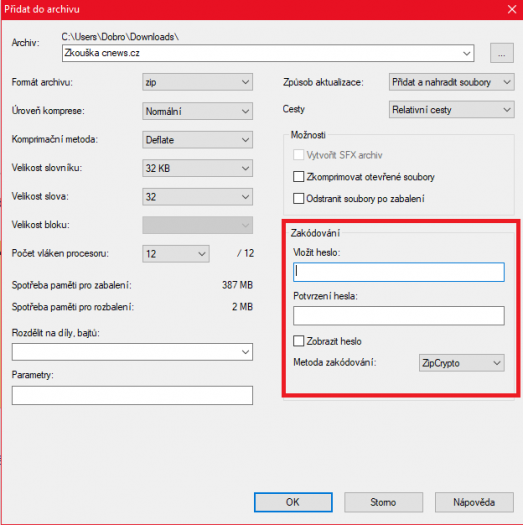 Zaheslování složky pomocí 7 Zip