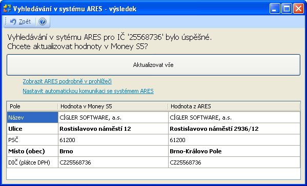 Money S5 - Vyhledávání v systému ARES