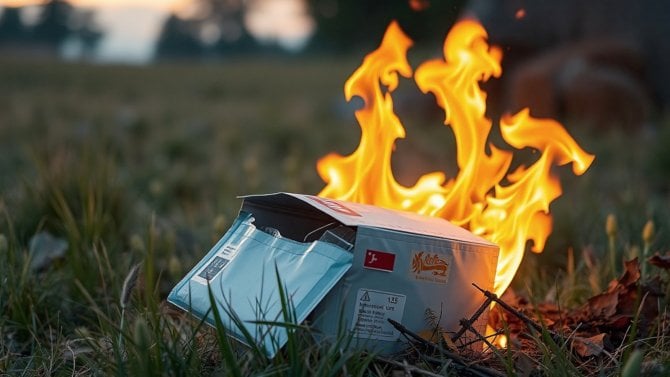 Otevřený poštovní balík hoří na louce