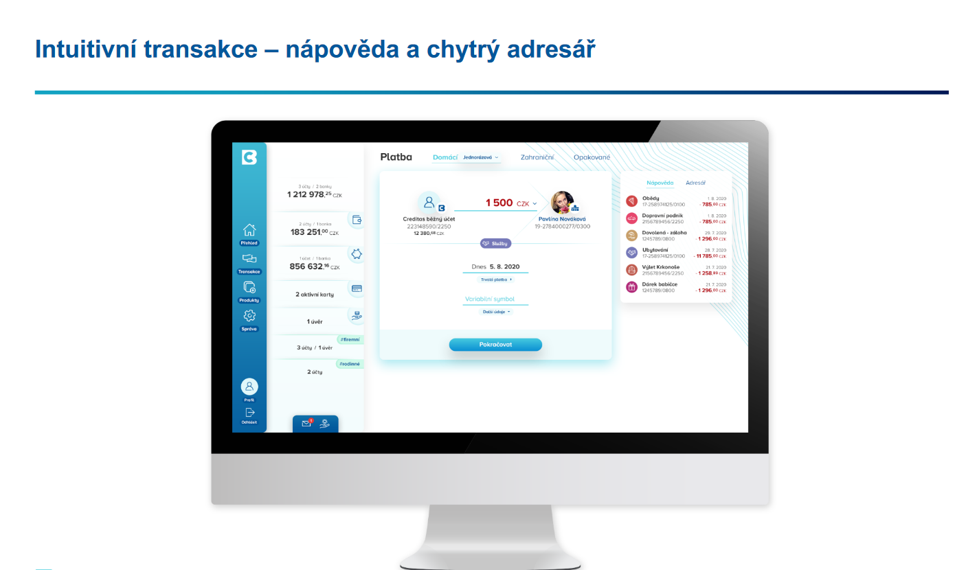 Aplikace mimo běžnou obsluhu bankovních produktů nabízí i méně obvyklé služby, jako například fultextové vyhledávání v historii napříč všemi připojenými účty (i z jiných bank).