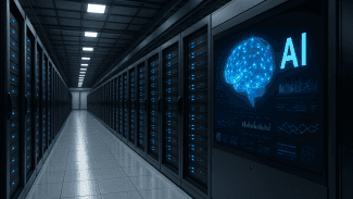 Moderní datové centrum s řadami serverových racků, modře podsvícených, a digitální obrazovkou zobrazující 3D model mozku s nápisem „AI“, symbolizující pokročilou umělou inteligenci a výpočetní infrastrukturu.