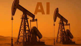 Dvě detailně propracované těžební věže stojí v písečné poušti při západu slunce, nad nimi se vznáší nápis „AI“. Teplé oranžové tóny vytvářejí kontrast mezi technologií a přírodou, symbolizující spojení umělé inteligence a energetického průmyslu v arabském světě.