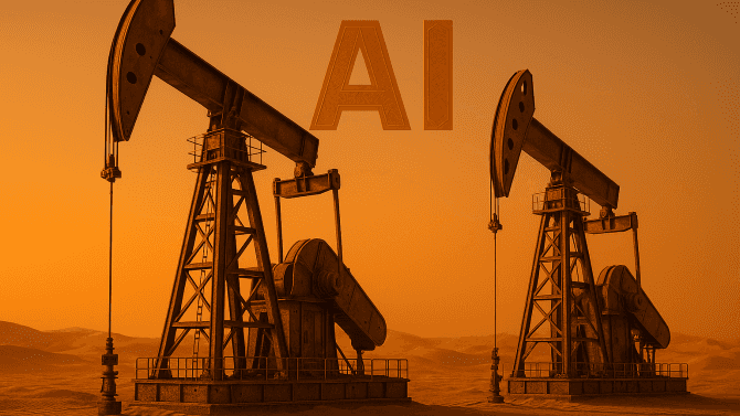 Dvě detailně propracované těžební věže stojí v písečné poušti při západu slunce, nad nimi se vznáší nápis „AI“. Teplé oranžové tóny vytvářejí kontrast mezi technologií a přírodou, symbolizující spojení umělé inteligence a energetického průmyslu v arabském světě.