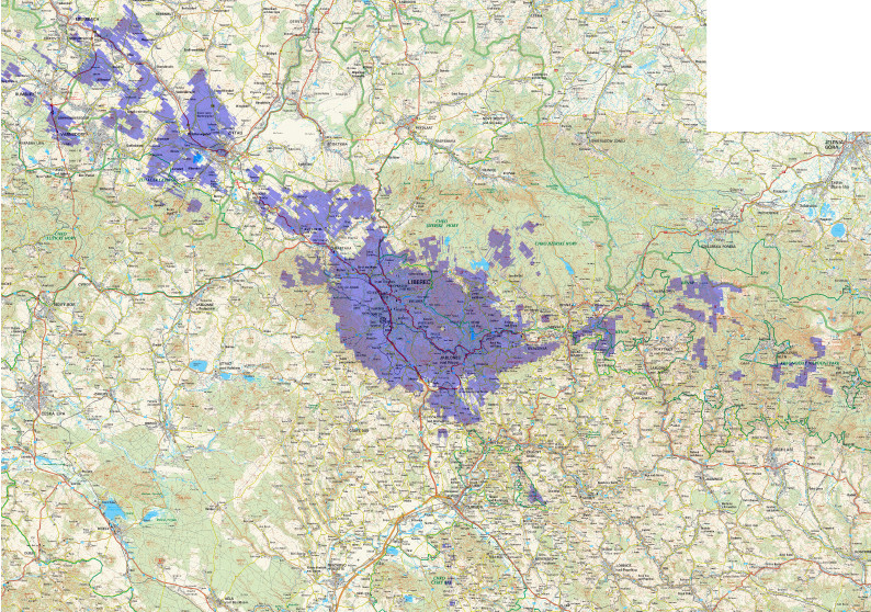 Pokrytí multiplexu Teleko z vysílače Liberec - Proseč (kanál LL)