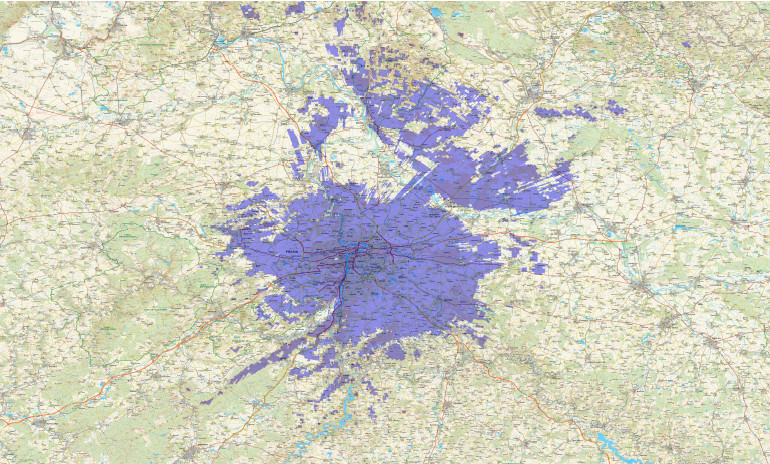 Pokrytí multiplexu Teleko z vysílače Praha - Strahov (kanál 11A)