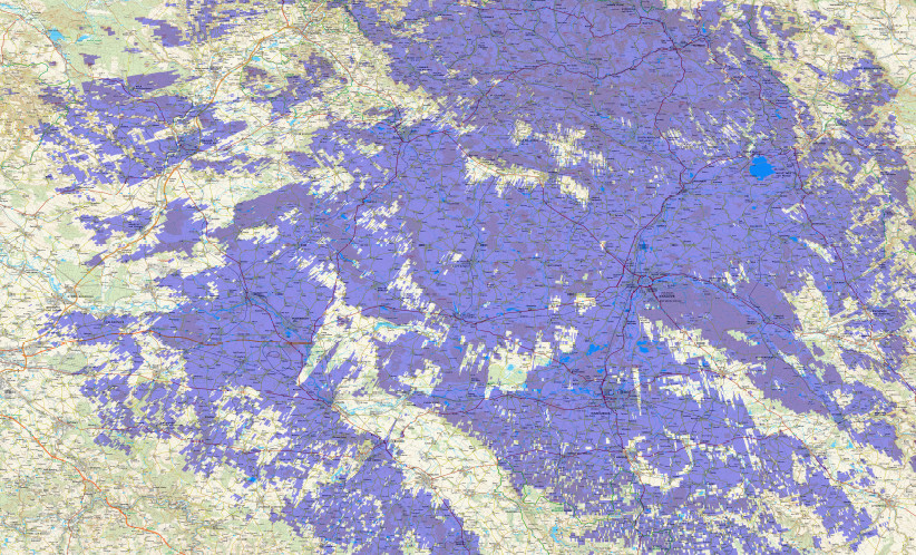 Pokrytí multiplexu Teleko z vysílače Trutnov - Černá hora (kanál 5D)