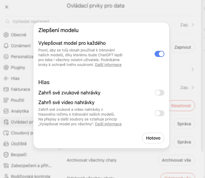 Deaktivací této funkce zakážete možnou analýzu vašich konverzací s chatbotem.