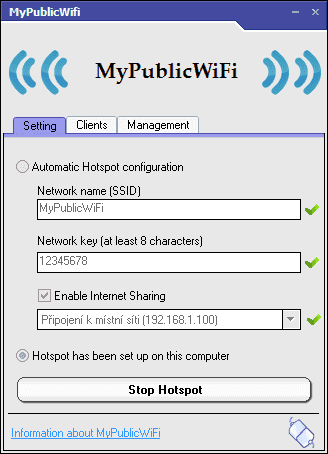 MyPublicWiFi umožňí snadno sdílet internet pro připojení dalších zařízení