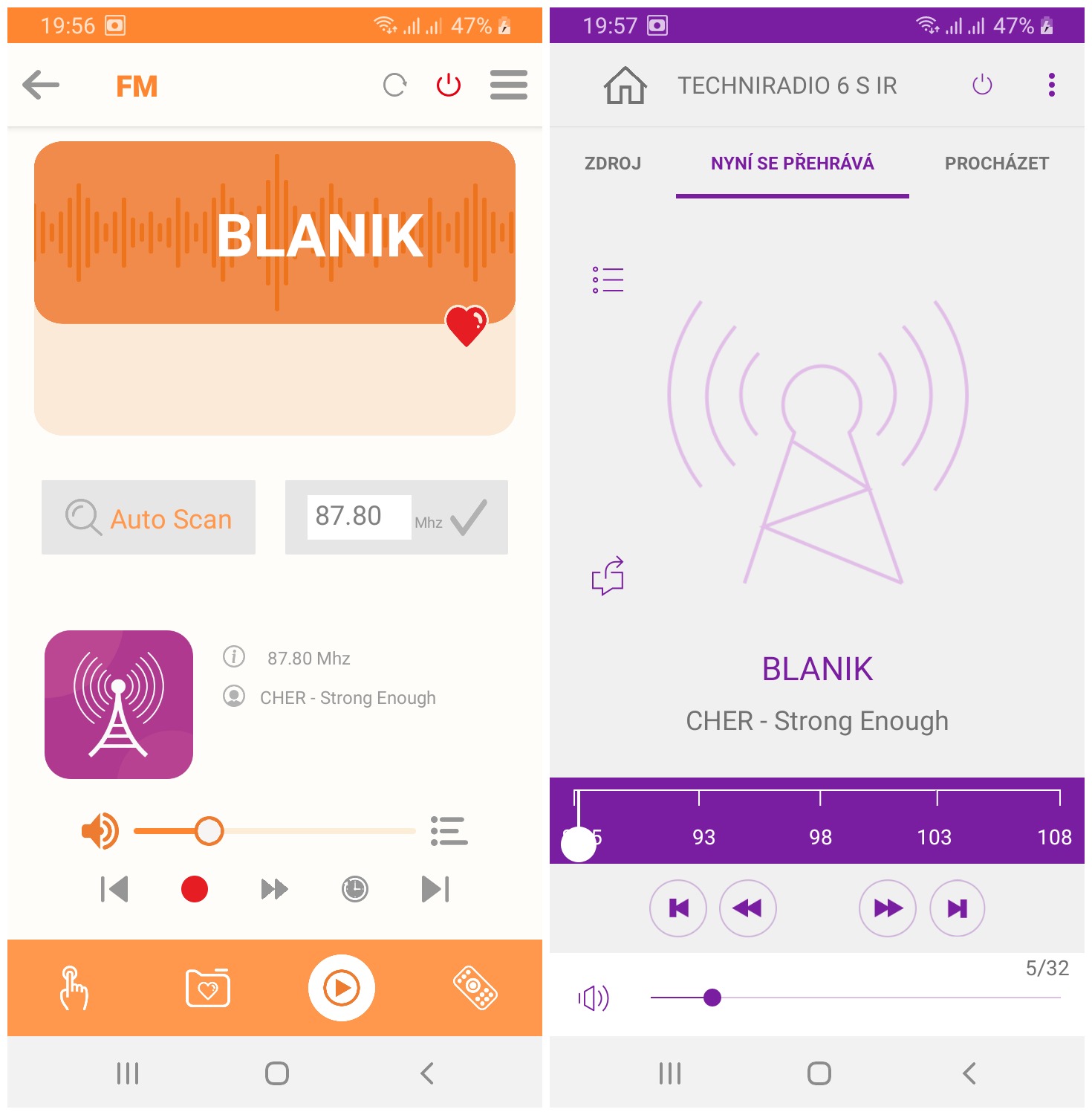 Obrazovka telefonu při příjmu rádií z VKV (vlevo aplikace Soundmate, vpravo aplikace Undok )