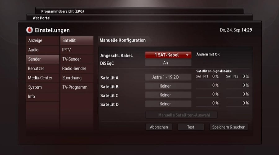 Nastavení – satelitní vyhledávání, aktivace SKY, aktualizace IPT