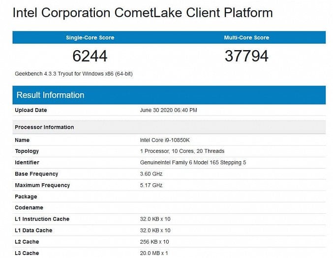 Intel Core i9 10850K v databázi Geekbench detail