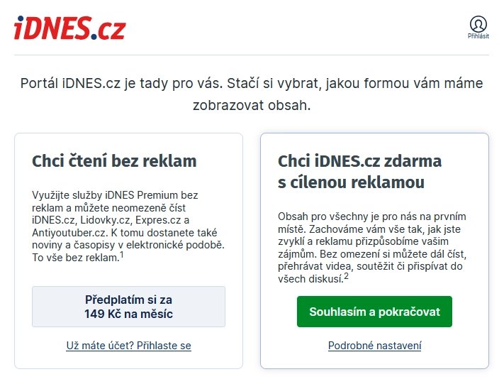 Podoba „pay or ok“ výzvy na službách Seznam.cz