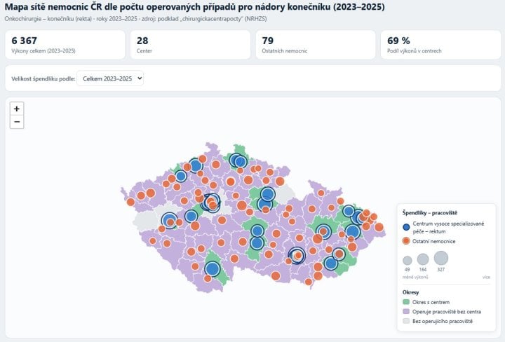Hustota sítě nemocnic, kde operují nádory