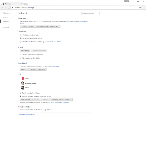 Stávající nastavení Chromu