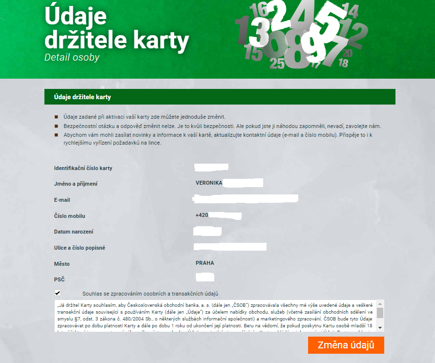 Údaje o držiteli karty.